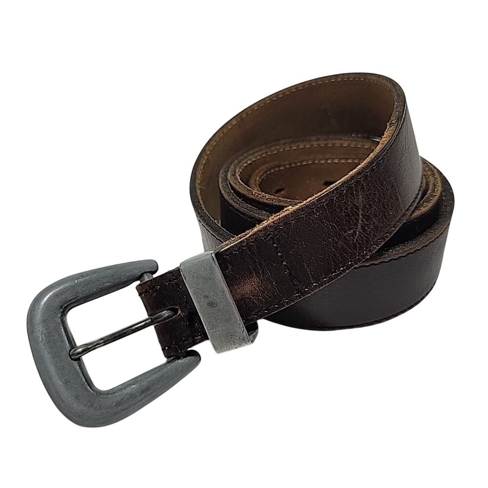 Women's Brown Leather Belt W/ Metal Tip Size 34 Western Cowgirl Distressed